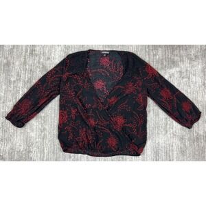 Express Top Womens‎ Small Black Red Laced Shoulder V-Neck Tied